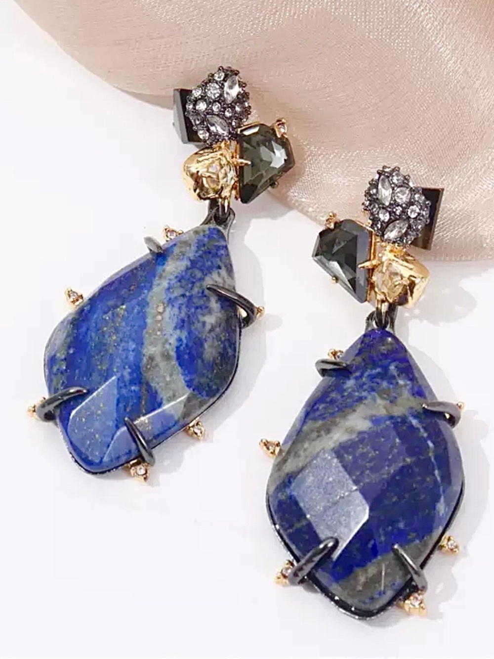 Alexis Bittar blue faceted lapis Drop Earrings with Gold and Gunmetal Accents - Picture 2 of 3
